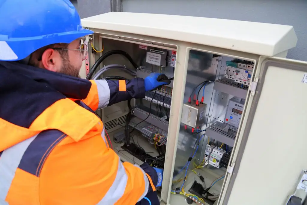 Training & Courses Engineer in safety gear working on an outdoor electrical panel, ensuring system functionality.