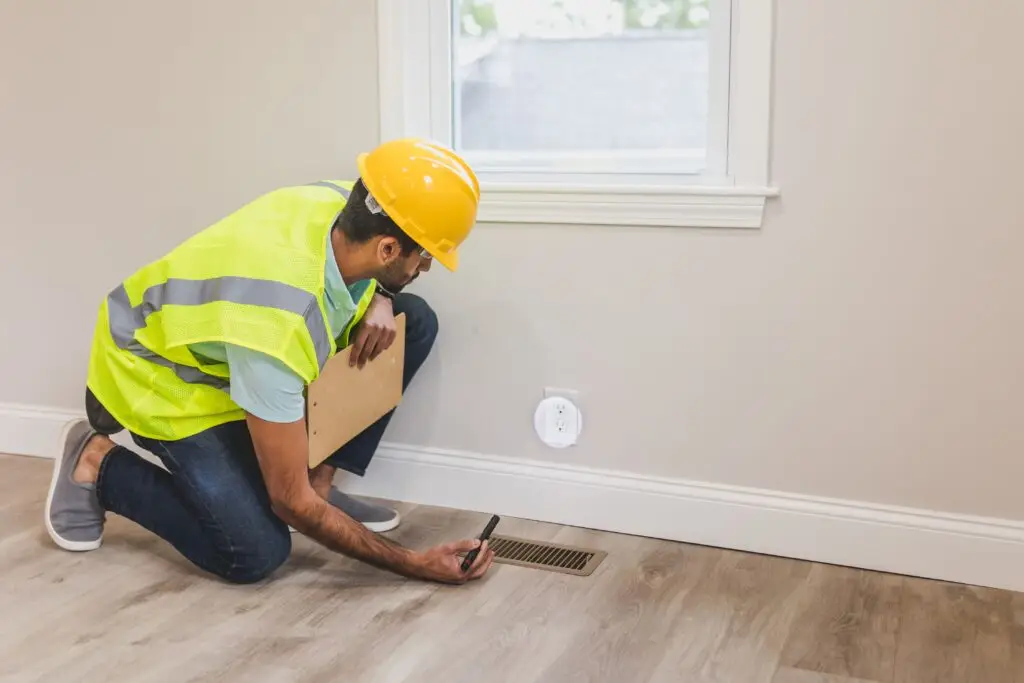Training & Courses A construction worker in a hard hat inspects a floor vent indoors, ensuring quality and safety standards.